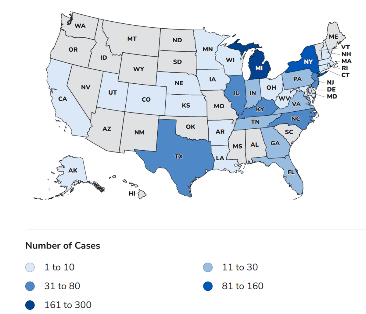 The U.S. has recorded 843 confirmed domestic cases of people with cyclosporiasis since May 1, as of the U.S. Centers for Disease Control and Prevention’s July 10, 2026, update. The CDC said the data only includes confirmed cases and that it’s aware of more than 1,500 suspected cases that are still under investigation. This map shows the states that have reported confirmed cases acquired in the country.